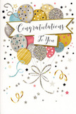 This image captures a celebratory congratulations card with a design that feels both festive and refined, ideal for honouring special achievements in South Tottenham. The card stands upright, revealing a central illustration of a balloon cluster rising like a bouquet from the lower half of the front. Each balloon is rounded and slightly overlapping, rendered in soft, luminous hues of gold, silver, champagne, sky blue, blush pink and gentle grey, echoing the pastel tones of early evening skies along West Green Road. Fine, shimmering details decorate the balloons-tiny stars, scattered dots, delicate stripes and subtle glitter-inspired textures that give the impression they are softly glowing under indoor party lights. From the base of the cluster, narrow metallic ribbons in gold and silver curl downward in airy loops, crossing and spiralling gracefully, much like the trailing ties of a hand-tied bouquet prepared for delivery. A slender banner sweeps across the middle of the balloons, gently arched as if lifted by their buoyancy. On this banner, the phrase "Congratulations To You" is written in elegant, flowing calligraphy that radiates warmth and sincerity. Around the main motif, the pale background is dusted with small metallic stars, confetti-like dots and curled lines, lending a sense of gentle motion, as though the remnants of a celebration are still drifting in the air after the last cheer. The design feels airy rather than busy, leaving space for the emotion behind the gesture. It's easy to imagine this card propped beside fresh flowers on a windowsill in a South Tottenham flat, quietly marking a promotion, exam success or any personal milestone with understated pride and joyful appreciation.