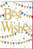 This "Best Wishes" card brings to mind the simple joy of a local street party in South Tottenham, distilled into a bright, welcoming design. The card's background is a crisp white, allowing every colour and detail to stand out clearly. In the middle, the phrase "Best Wishes" is written in a generous sweep of gold script, the lines smooth and slightly raised, catching the light like softly polished metal dusted with glitter. The gold is warm and inviting, giving the central message a sense of sincerity and quiet celebration. Curving around this greeting, at the top and bottom of the card, are strings of bunting that look as though they've been gently draped from one corner to another. Each bunting flag is a neat little triangle of bold colour-deep blues, vibrant reds, grassy greens, bright yellows, and pink accents-some decorated with polka dots, others with simple stripes or subtle motifs. The bunting feels lively, as if the flags are ready to flutter over a small gathering near Seven Sisters. Scattered across the rest of the white space are tiny stars and dots in the same cheerful palette, with hints of gold echoing the central script. These elements resemble confetti floating in the air, frozen mid-flight at the height of the celebration. The composition remains airy and balanced, giving the design a contemporary, uncluttered feel while still radiating joy. It's the sort of card that pairs beautifully with a hand-tied bouquet arriving at a flat off Broad Lane or Philip Lane, marking new chapters, hard-won achievements, or any moment when you want to wrap your good wishes in colour and sparkle.